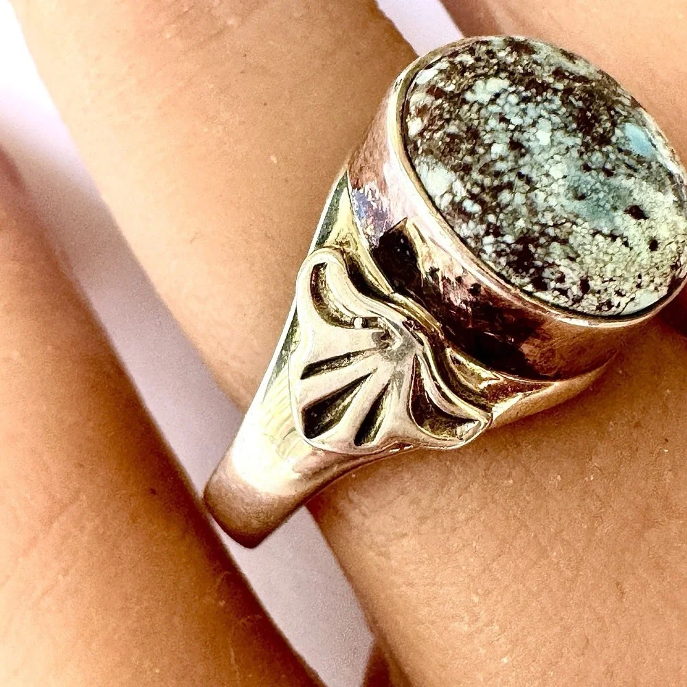 Navajo Mens Turquoise Band Blue Golden Hills Sz 10 Ring 14mm Signed AT Native‎